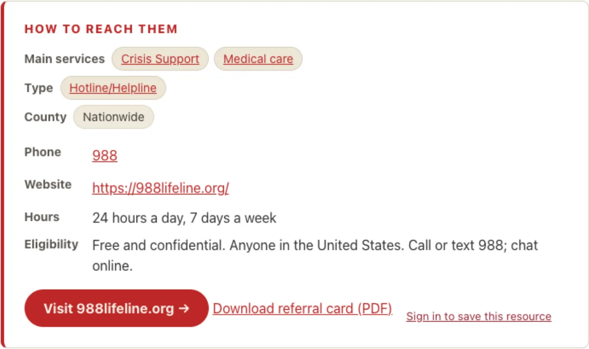A program's How to reach them box: services, county, phone, website, hours, eligibility.