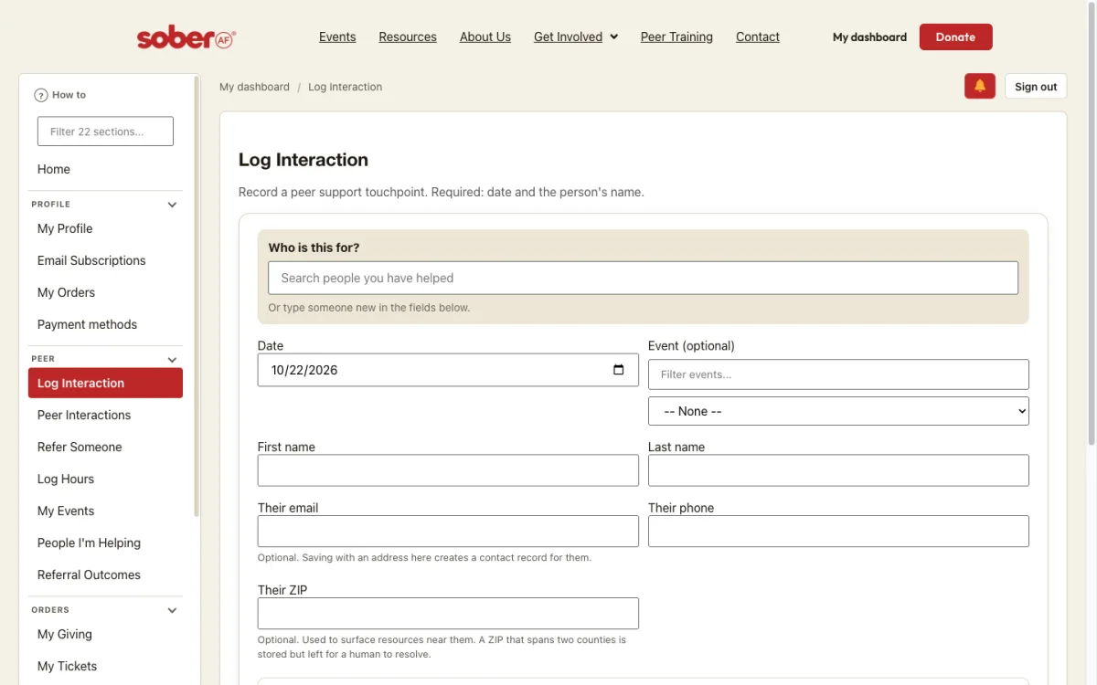 The Log Interaction form: who it is for, the date, their contact details.