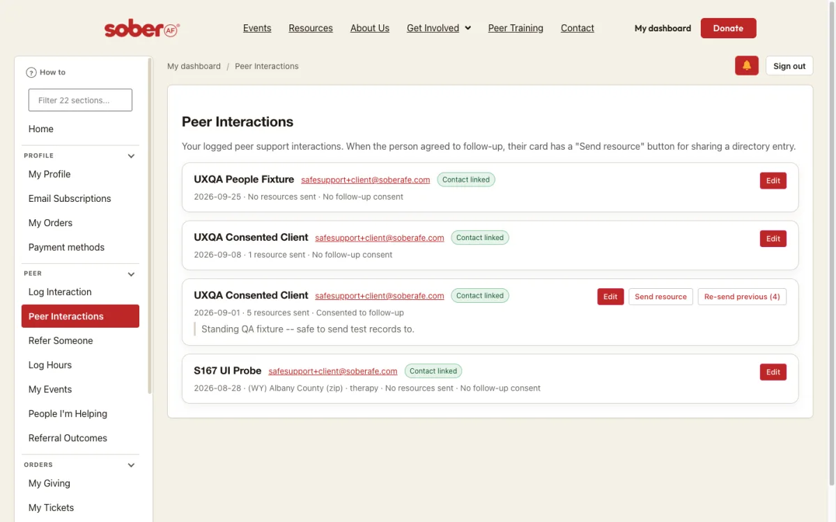 Peer Interactions: each conversation you logged, with Send resource when they consented.