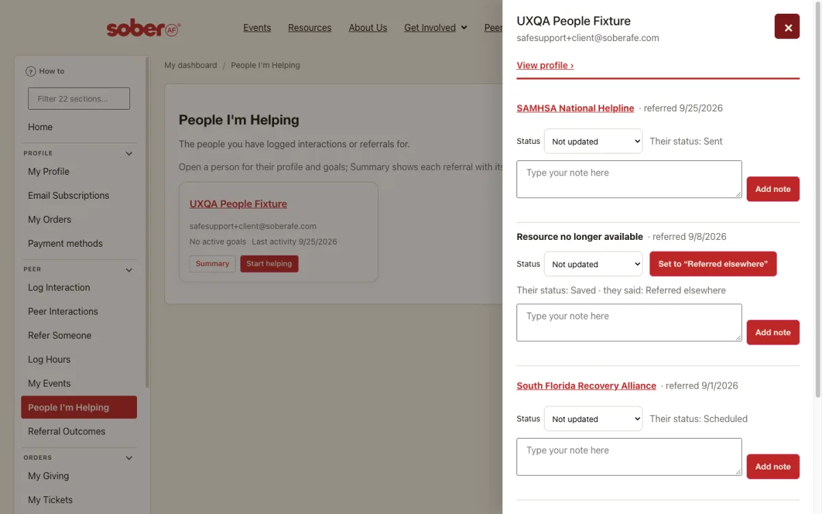 A person's Summary: each referral, its status and your notes.