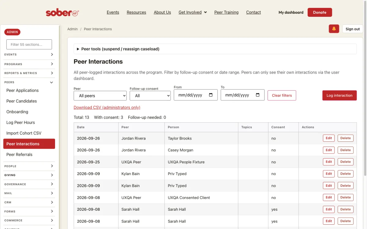 Peer Interactions across the program, with filters and the CSV link.