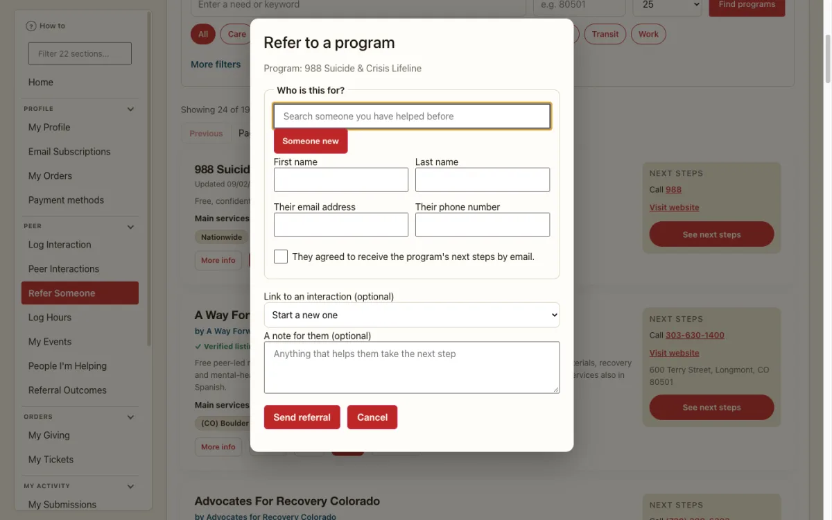 The Refer to a program window: who it is for, consent, an optional note.