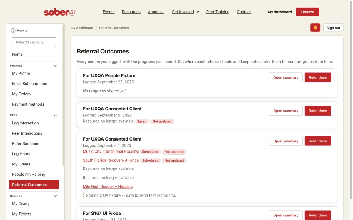 Referral Outcomes: one card per person with status pills.