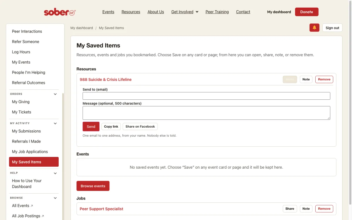 The Share form: one address, an optional note, Send.
