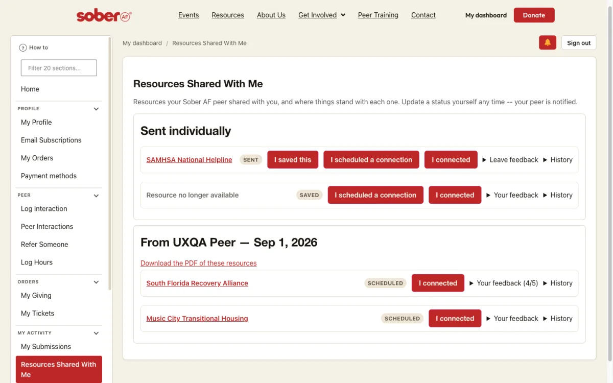 Resources Shared With Me: status buttons per program, a PDF link for a packet.